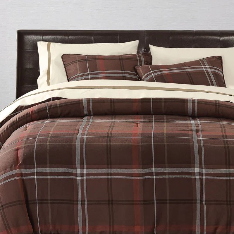 Full Brown Cotton Plaid Comforter Set with Shams