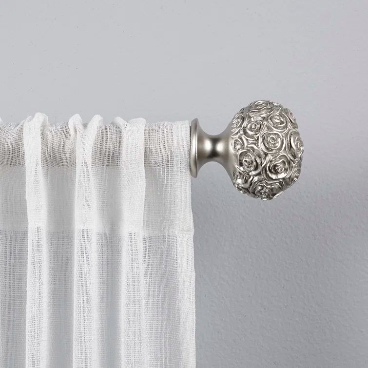 Matte Silver Adjustable Curtain Rod with Floral Finials, 66"-120"