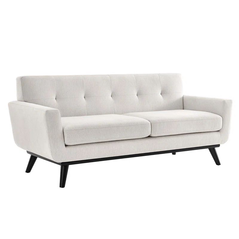 Ivory Tufted Herringbone Fabric Loveseat with Removable Cushions