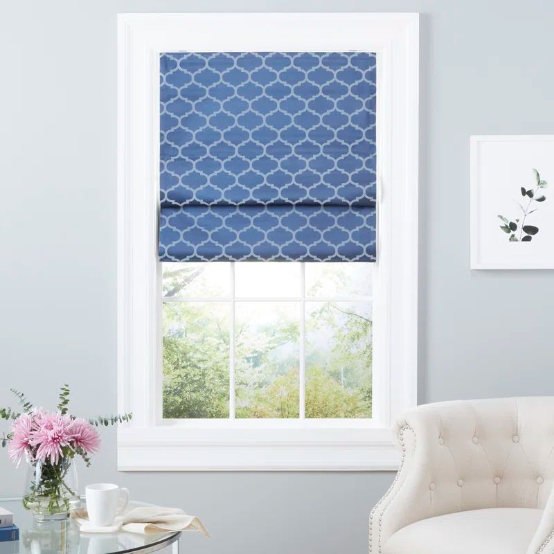 Indigo Trellis Pattern Cordless Blackout Roman Shade