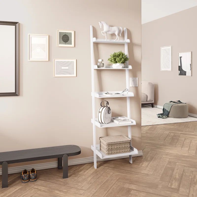 White 67" Modern 5-Tier Leaning Ladder Bookcase