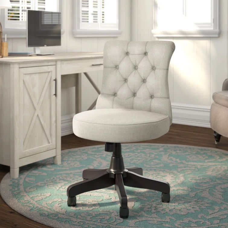 Cream Fabric Mid Back Tufted Swivel Office Chair with Espresso Wood Base