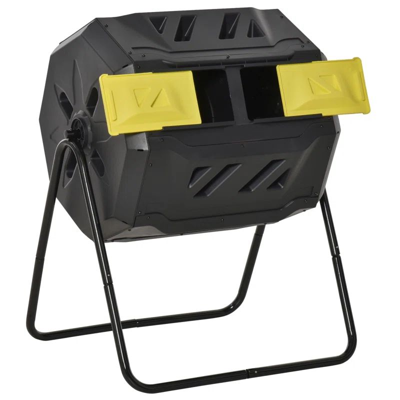Yellow and Black Dual Chamber Outdoor Compost Tumbler Bin