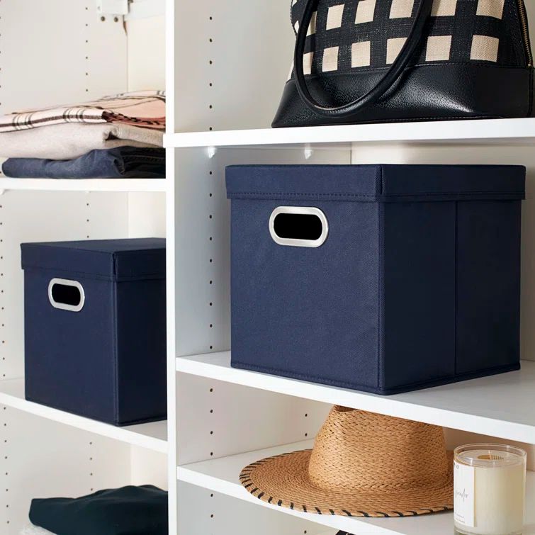 Navy Fabric Collapsible Cube Storage Bins with Lids, Set of 2