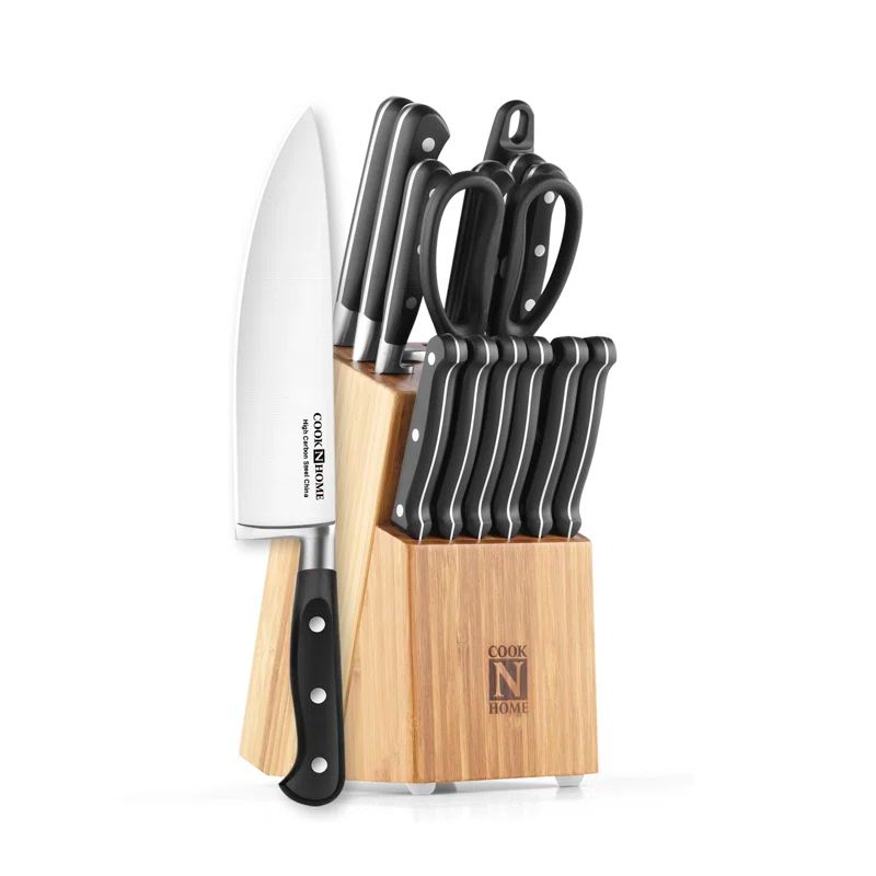 Cook N Home Kitchen Knife Set with Bamboo Storage Block 15-Piece, High Carbon Stainless Steel Blade, Black