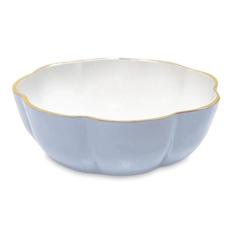 Handmade White and Periwinkle Scalloped Dessert Bowl with Gold Rim