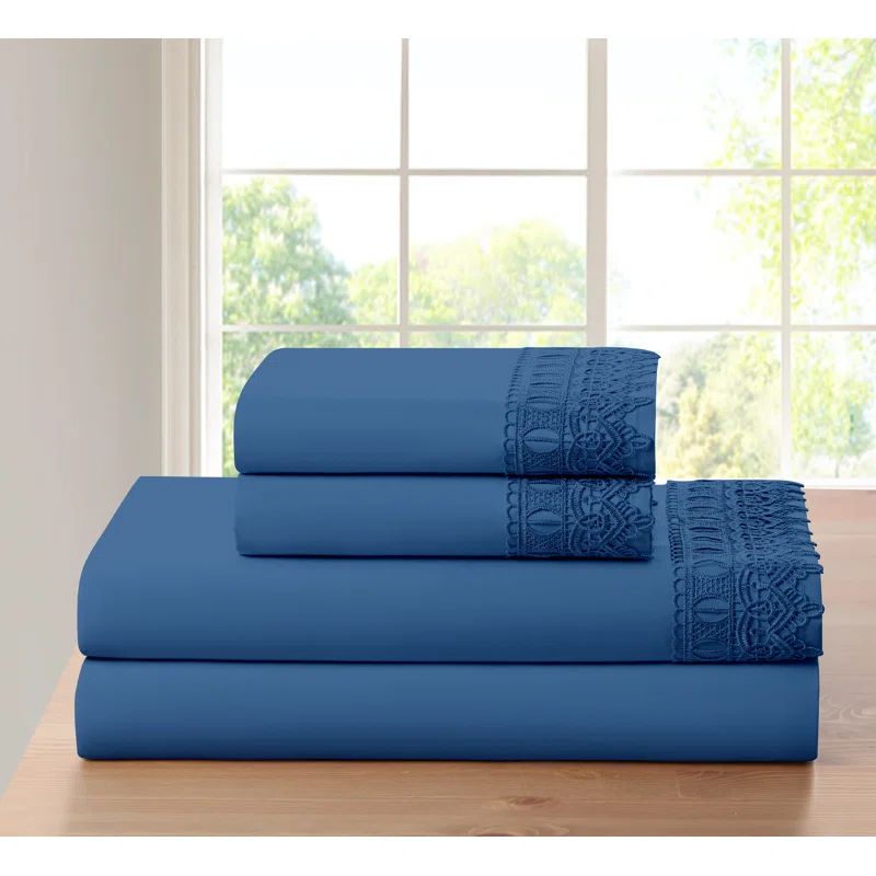 King Navy Bamboo and Microfiber Embroidered Deep Pocket Sheet Set
