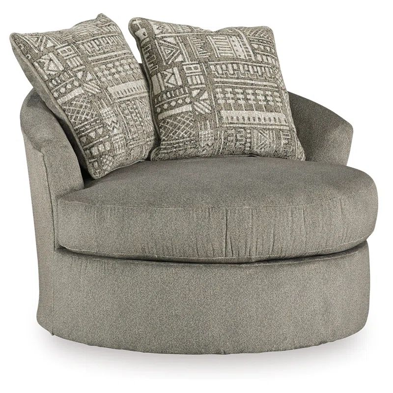 Gray Microfiber Swivel Barrel Chair with Geometric Pillows