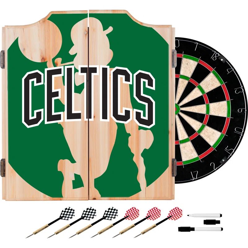 Boston Celtics Green Wood Dartboard Cabinet Set with Steel Darts