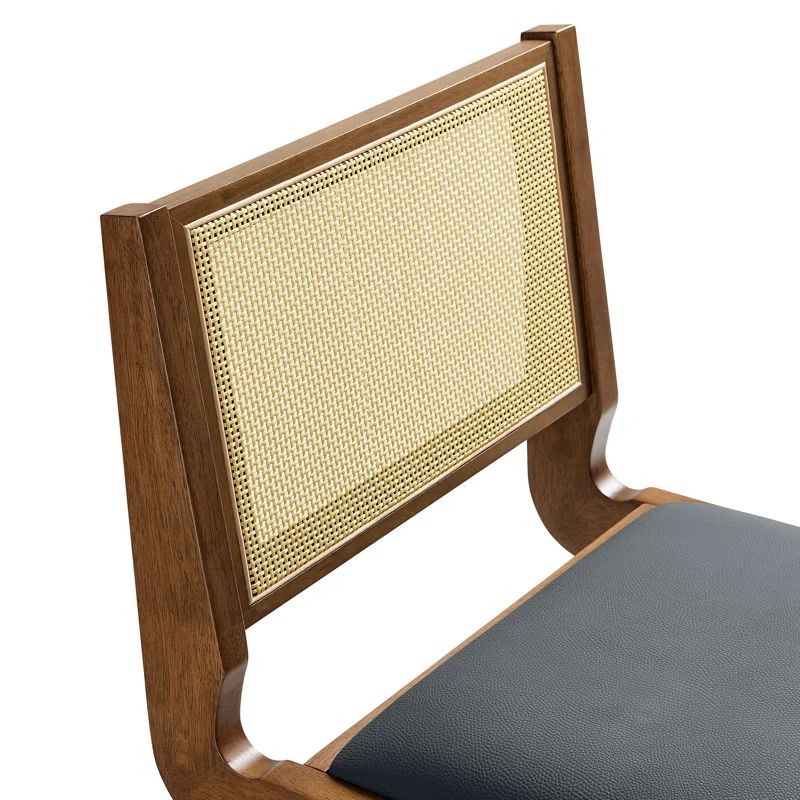 Walnut Black Low Rattan Cane Side Chair with Faux Leather Seat