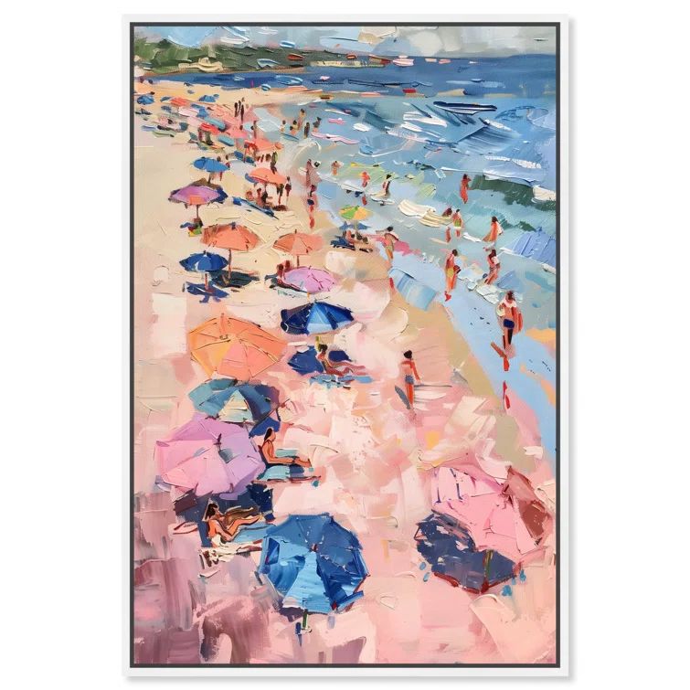 Colorful Coastal Beach Scene Canvas Print with White Frame