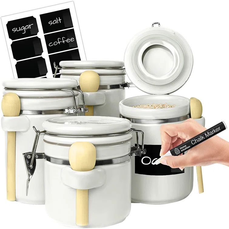 White Ceramic Kitchen Canister Set with Flip Top Lid and Wooden Spoons