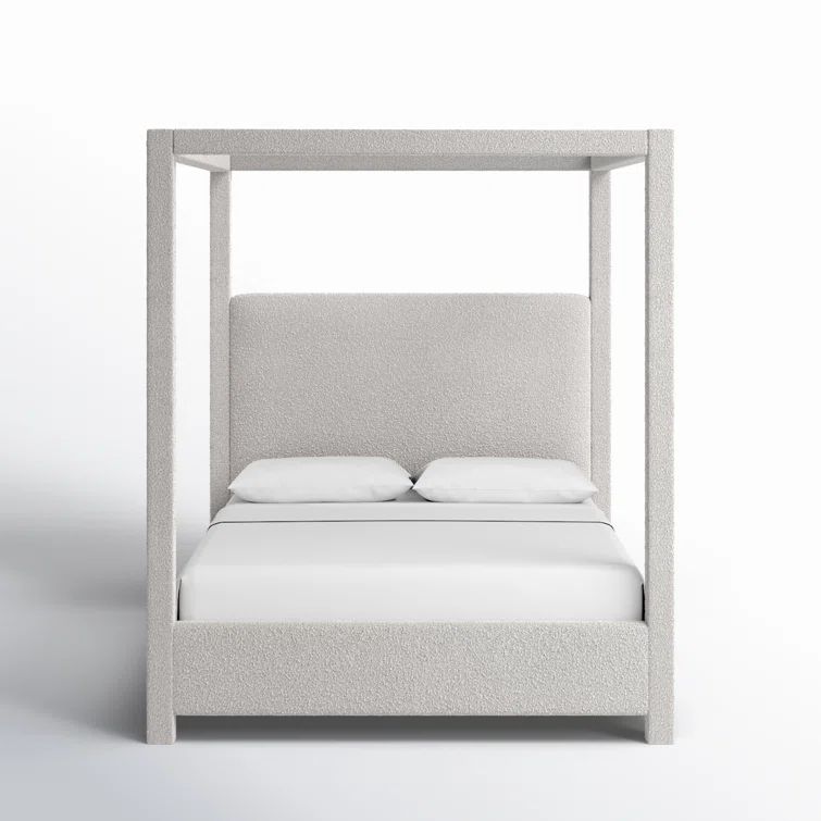 Cream Boucle Fabric Upholstered Queen Canopy Bed with Wood Frame