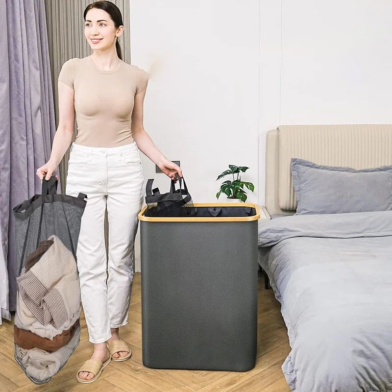 Gray Collapsible Upright Hamper with Lid and Dividers