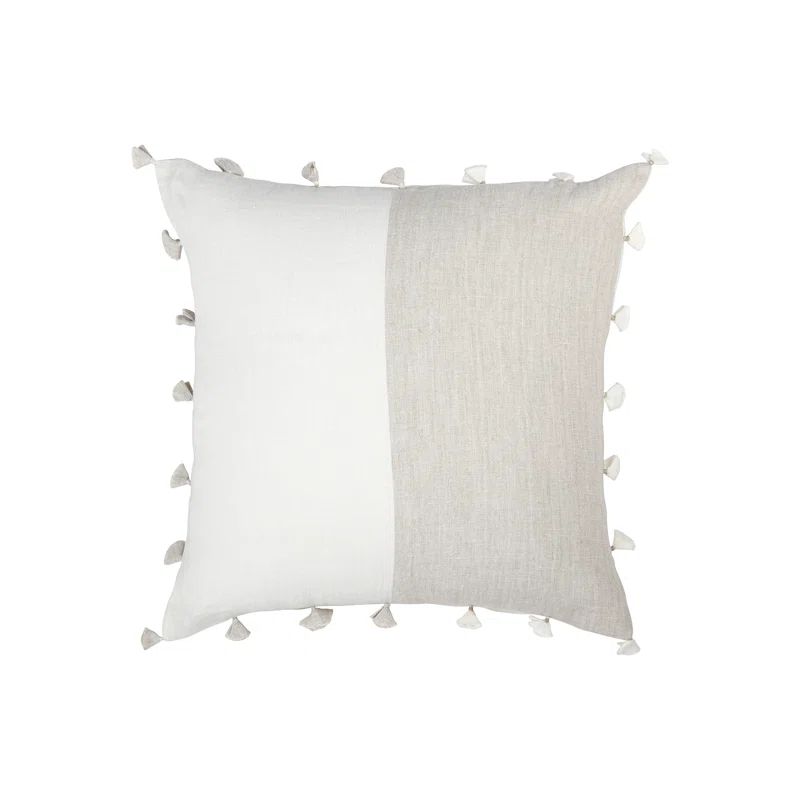 Natural Beige and White Linen Tassel Throw Pillow