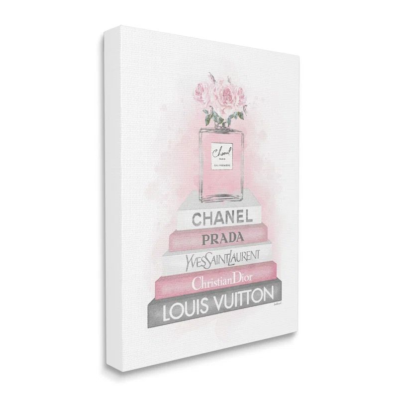 Pink Roses Perfume Bottle Glam Fashion Bookstack Canvas Art Print