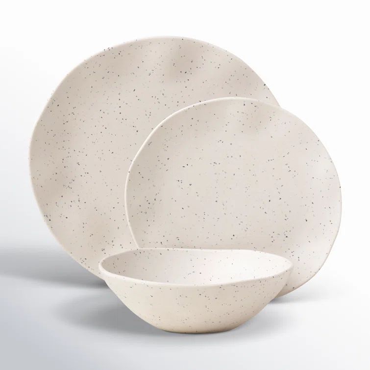 Terrazzo Cream and White Melamine Round Dinnerware Set, Service for 4