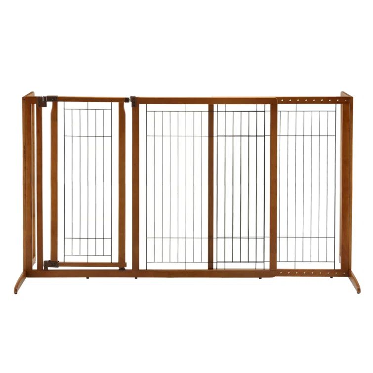 Large Freestanding Brown Wooden Pet Gate with Door