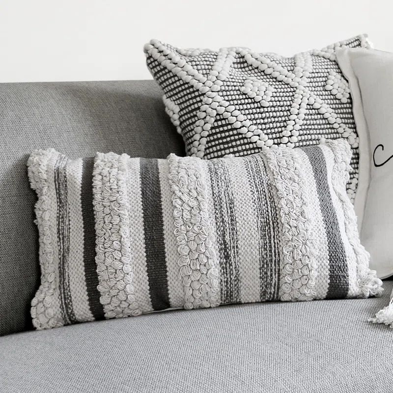 Gray and White Cotton Embroidered Rectangular Throw Pillow