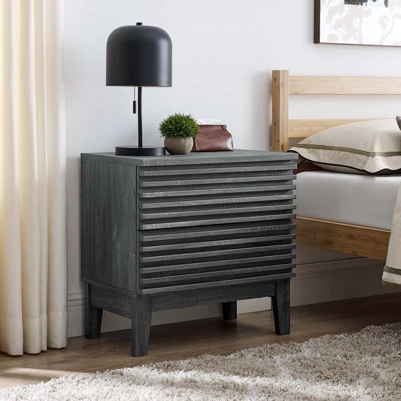 Charcoal Gray Particleboard Mid-Century Modern Two-Drawer Nightstand