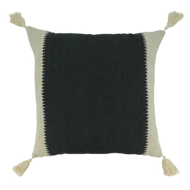 Black and Natural Cotton Whipstitch Throw Pillow with Tassels