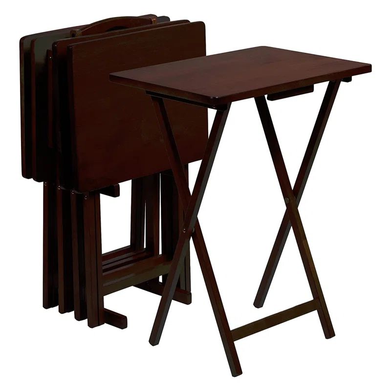 Espresso Solid Wood Folding TV Tray Set with Storage Rack, 5 Pieces