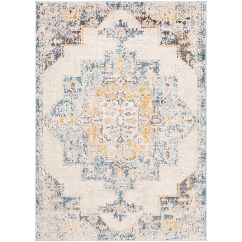 Ice Blue and Mustard Distressed Square Area Rug