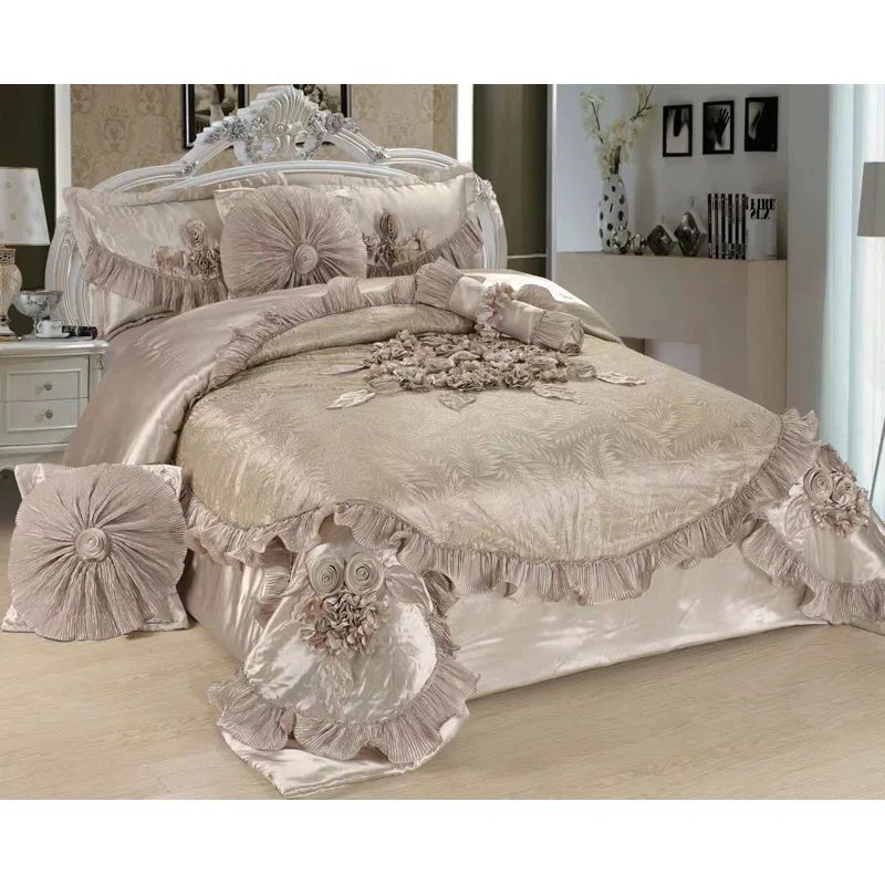 Queen Champagne Beige Satin Floral Comforter Set