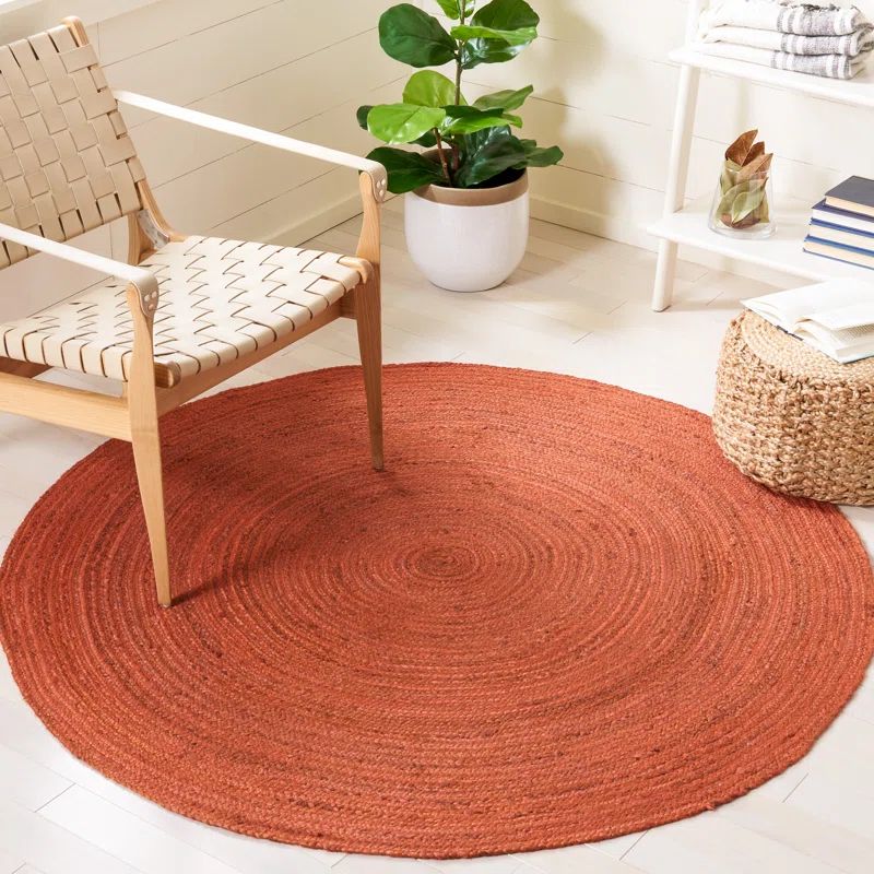 Handmade Round Red Cowhide Leather Jute Rug, 5' Diameter