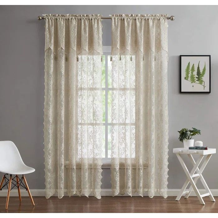 Linen Sheer Lace Curtain Panels with Valance and Tassels