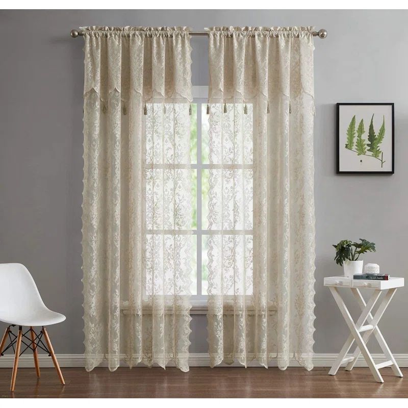 Linen Sheer Lace Curtain Panels with Valance and Tassels
