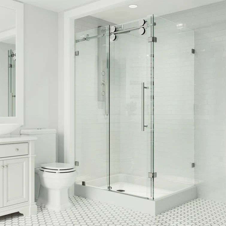 Winslow 46" Black Frameless Sliding Shower Enclosure with Clear Glass