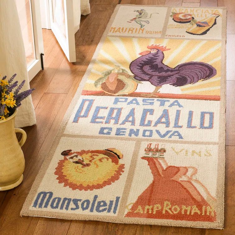Ivory Wool Handmade Rectangular Vintage Rooster Area Rug