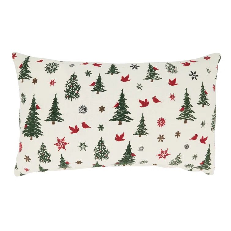 Ivory Christmas Trees and Cardinals Cotton Throw Pillow