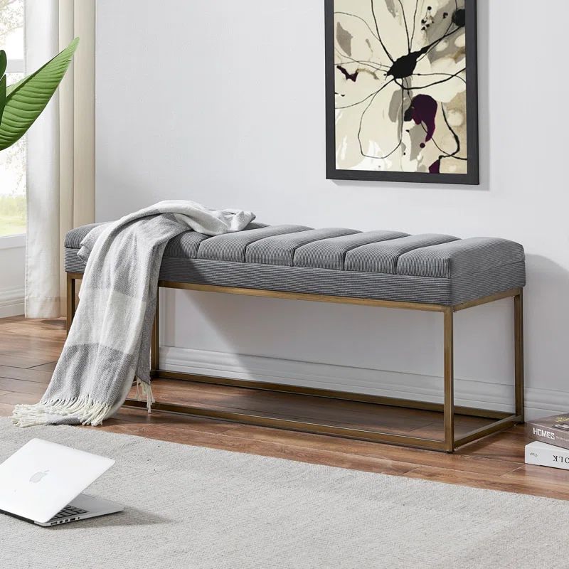 Light Gray Polyester Upholstered Bench with Brushed Gold Steel Base