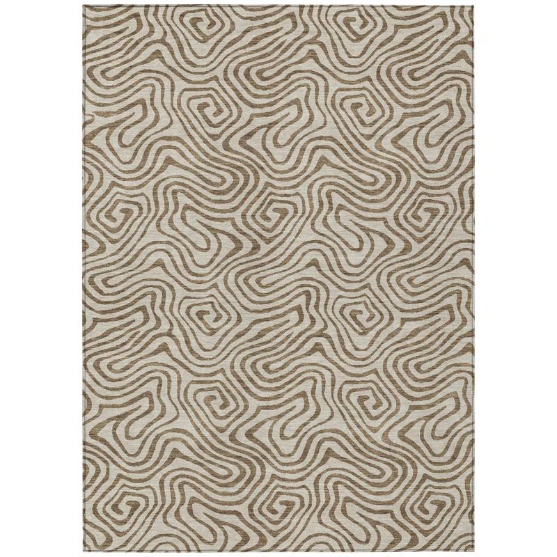 Beige and Brown Swirl Pattern Washable Synthetic Rug 5' x 7'