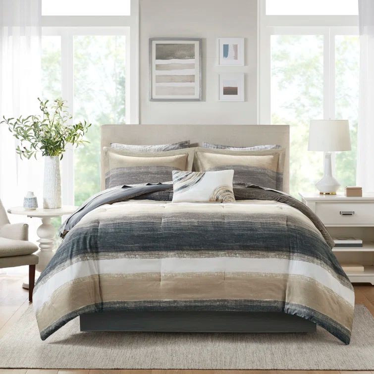 Saben Stripe Taupe King Comforter and Sheet Set in Ultra-Soft Microfiber