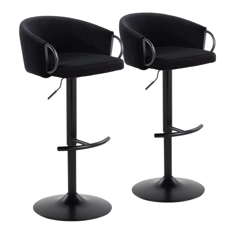 Set of 2 Adjustable Black Metal and Cream Velvet Swivel Barstools
