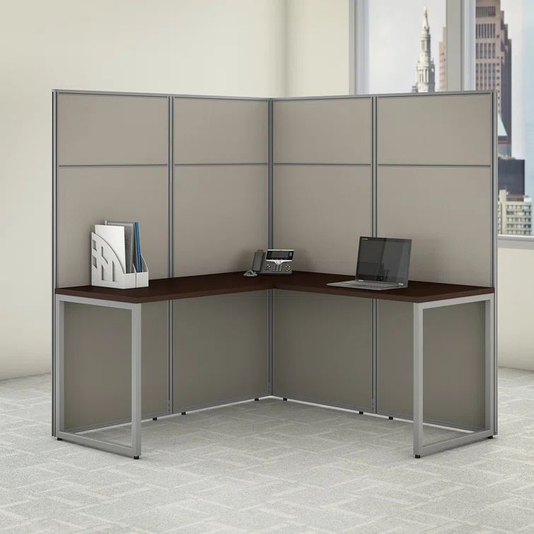 Mocha Cherry L-Shaped Office Table with Metal Frame