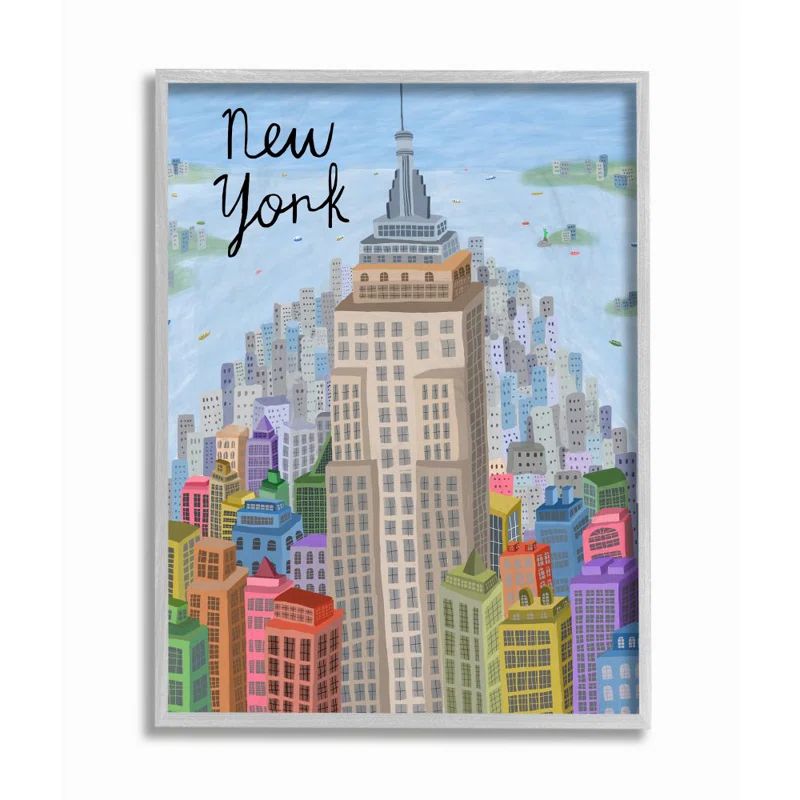 Colorful New York City Skyline Landmark Art in Gray Wood Frame