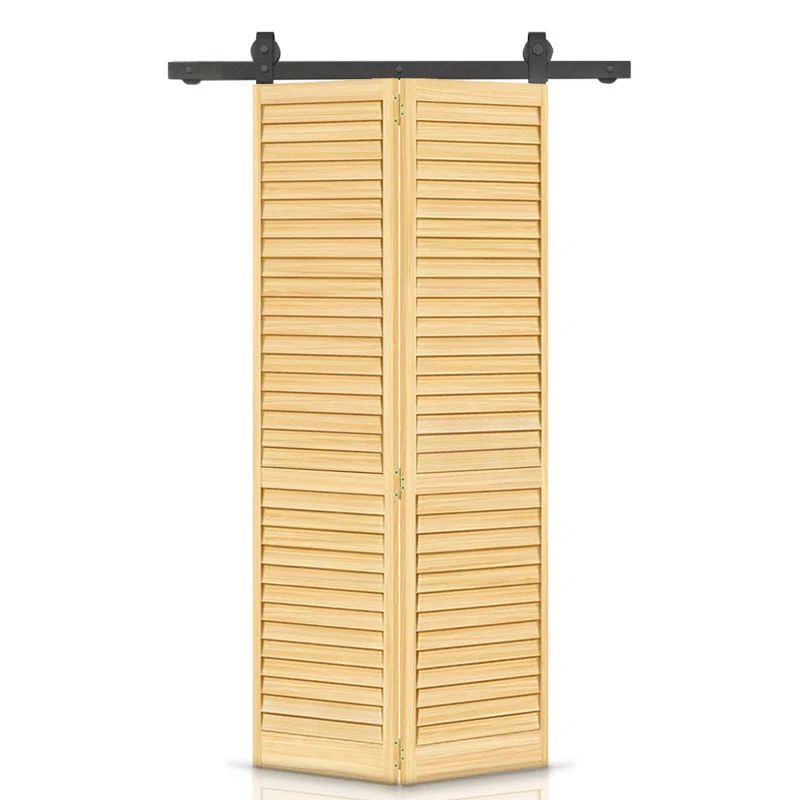 Unfinished Light Brown Pine Wood Single Bifold Barn Door with Black Hardware