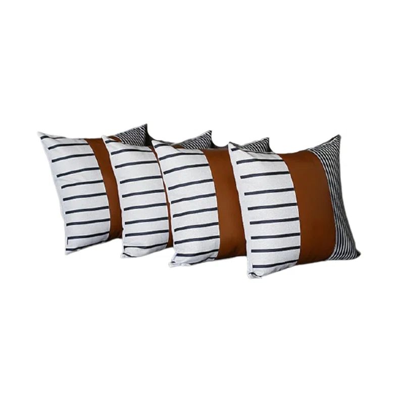 Brown and Ivory Faux Leather Striped Pillow Covers, 22" x 22", Set of 4