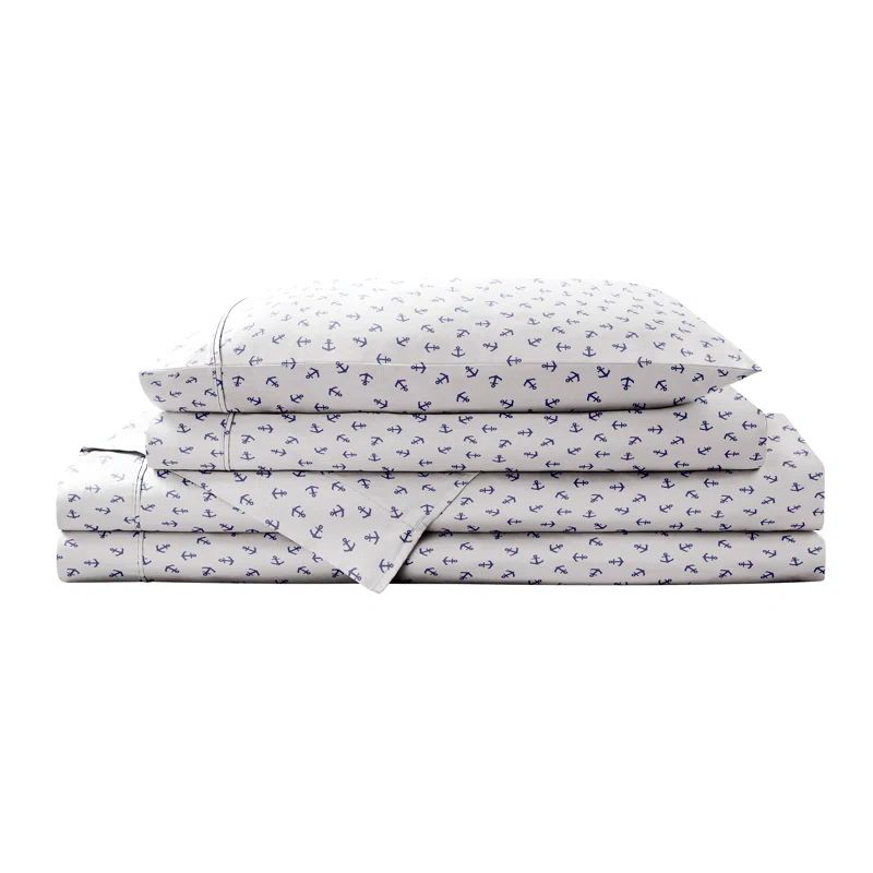 Navy Anchors King Cotton Percale Sheet Set