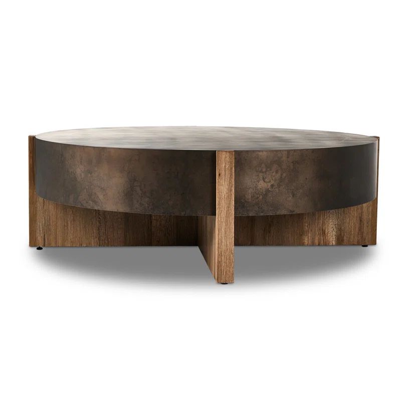 Large Round Distressed Iron and Oak Coffee Table with Storage