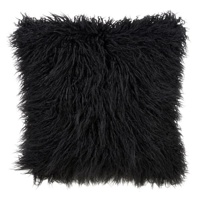 18" Black Faux Mongolian Fur Square Throw Pillow