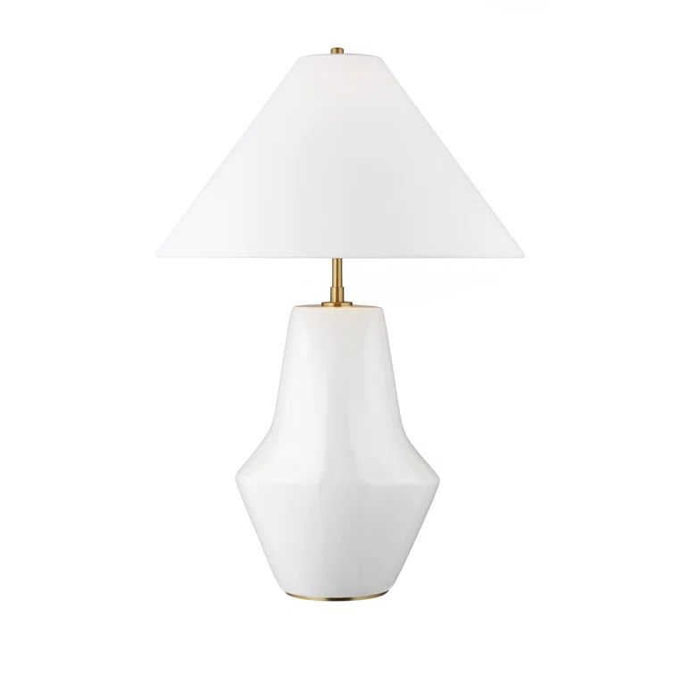 Arctic White Ceramic Arc Table Lamp with Linen Shade