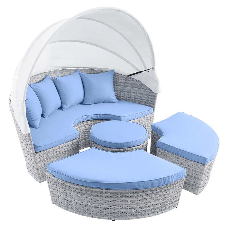 Scottsdale Light Gray and Blue Wicker Outdoor Patio Daybed with Canopy