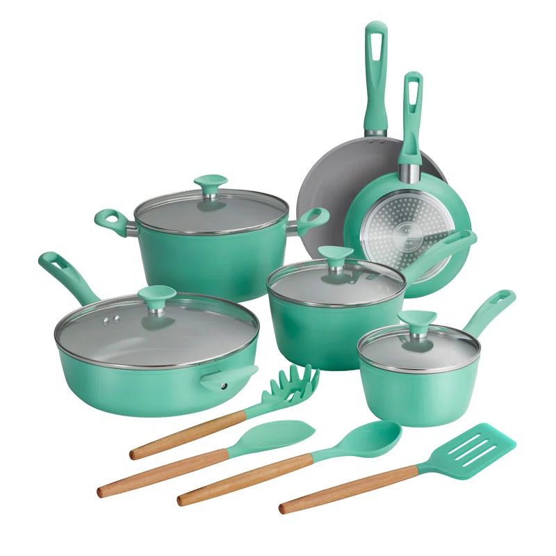 Teal Aluminum Non-stick Ceramic Cookware Set with Utensils, 14 Pieces