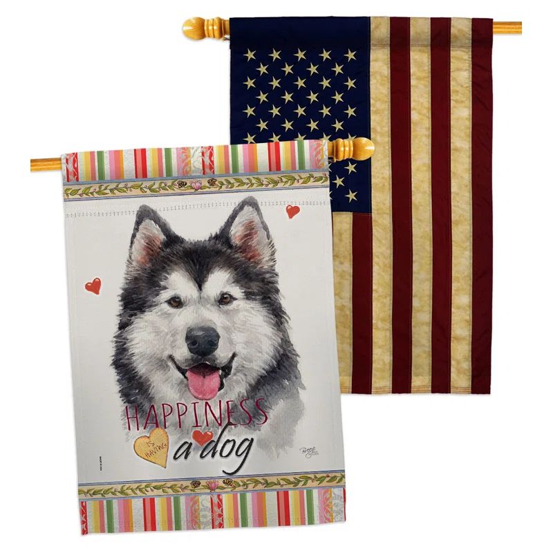 Large Gray and Black Husky Decorative House Flag Set with Wooden Pole