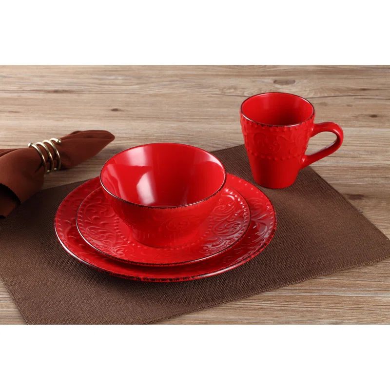Red Ceramic Scroll Pattern Dinnerware Set - Service for 4